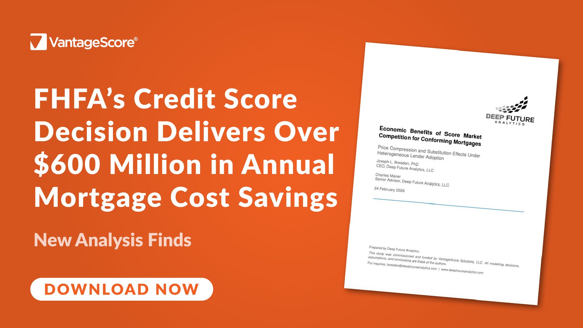 FHFA’s Mortgage Credit Score Decision Delivers Over $600 Million in Annual Mortgage Cost Savings, New Analysis Finds | VantageScore