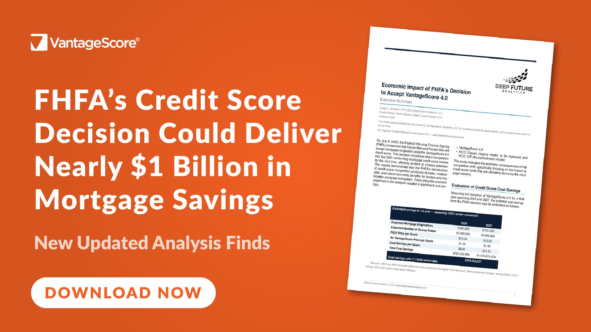 Press Release: New Updated Analysis Finds Nearly $1 Billion in Mortgage Cost Savings from FHFA’s Mortgage Credit Score Competition Decision
